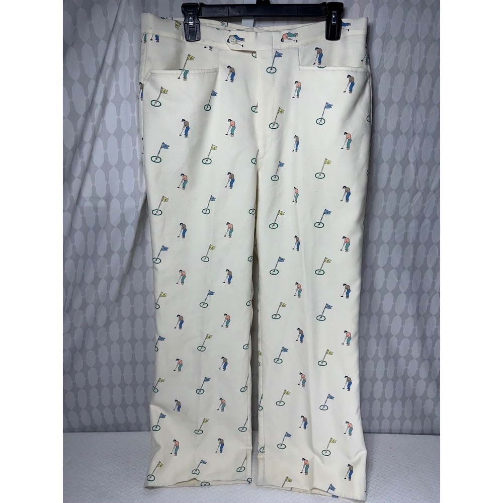 Vintage Mens Sansabelt‎ Golf Pants Cream Golfers Flag Pattern Wide Leg